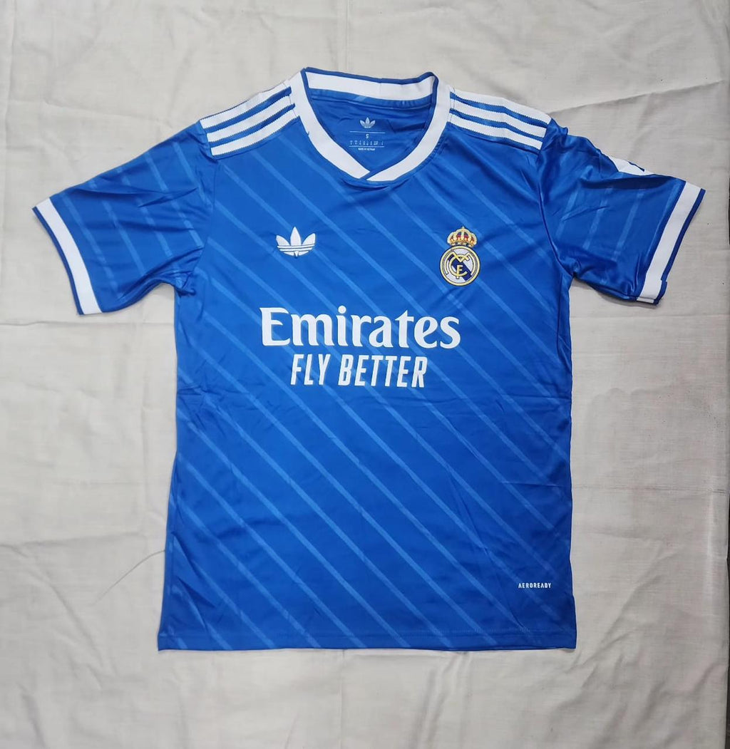 Real Madrid 2024/25 Away Blue Jersey – Fan Version | Embroidered Crest | Premium Quality