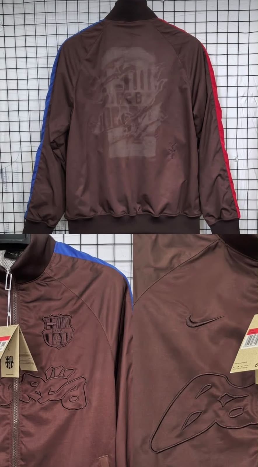 Barcelona Cactus Jack Brown Satin Track Jacket with Red & Blue Stripes