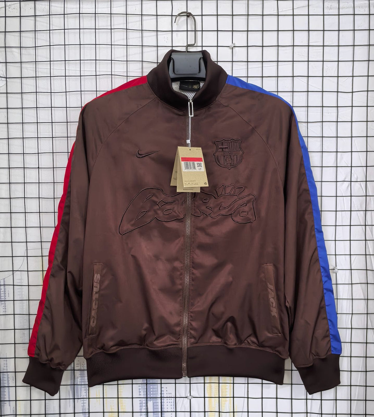 Barcelona Cactus Jack Brown Satin Track Jacket with Red & Blue Stripes