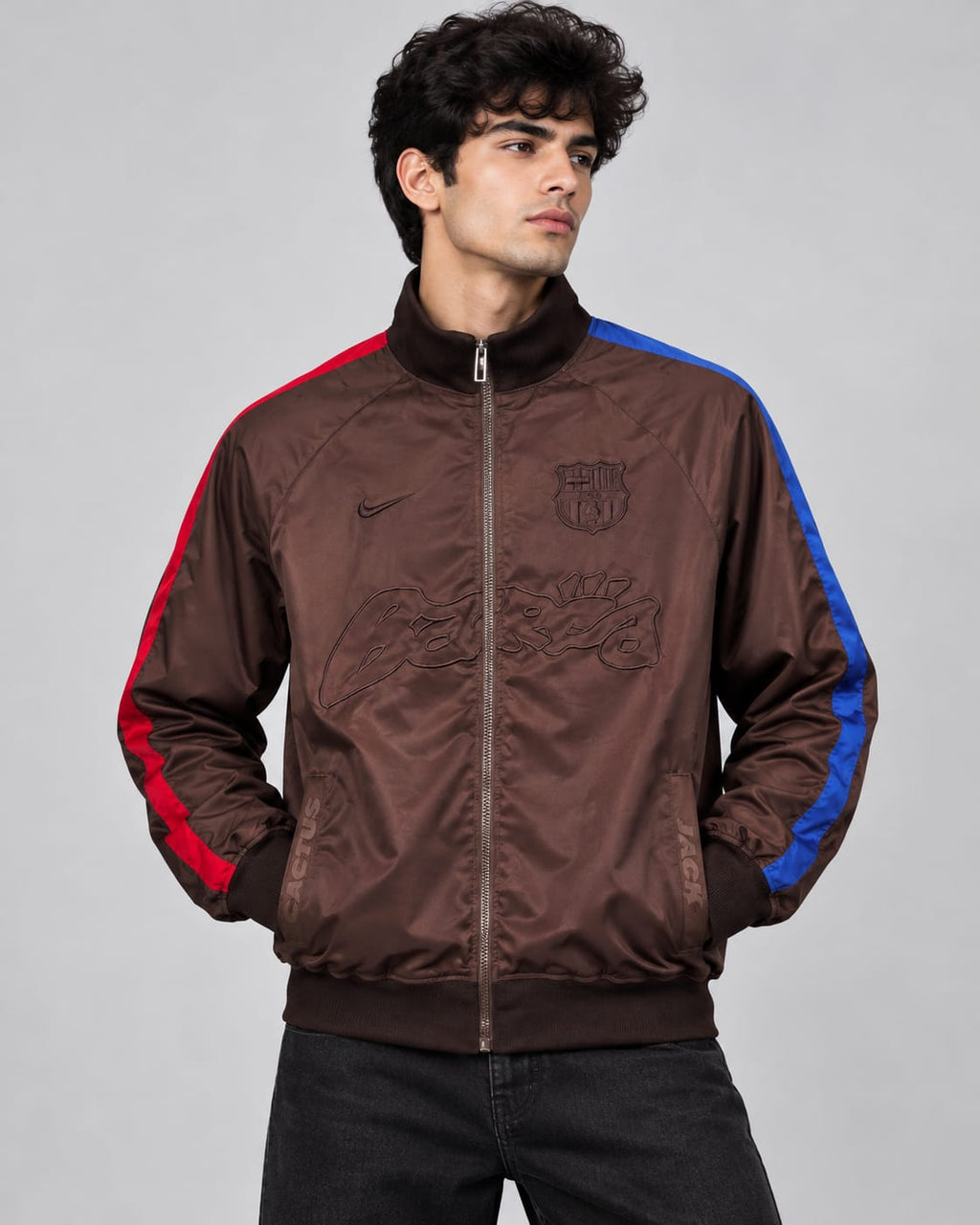 Barcelona Cactus Jack Brown Satin Track Jacket with Red & Blue Stripes