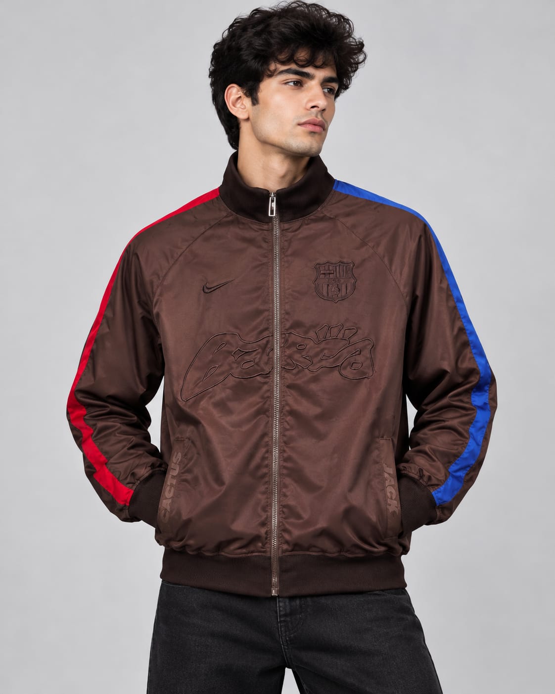 Barcelona Cactus Jack Brown Satin Track Jacket with Red & Blue Stripes