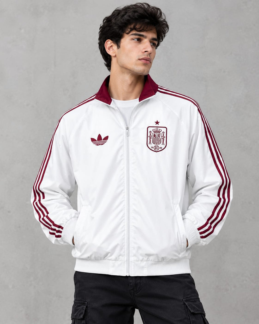 Spain National Team White Track Jacket – Maroon Stripe Premium Sportswear